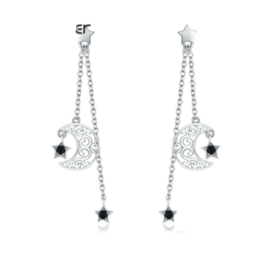 Silver Star and Moon Drop Earrings