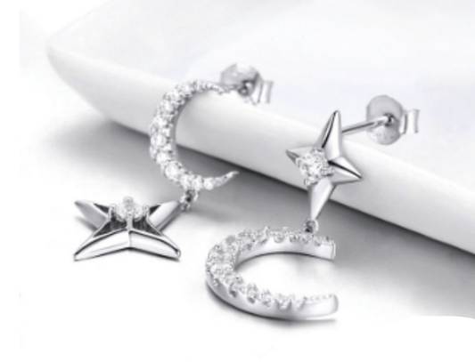 Silver Star and Moon Earrings