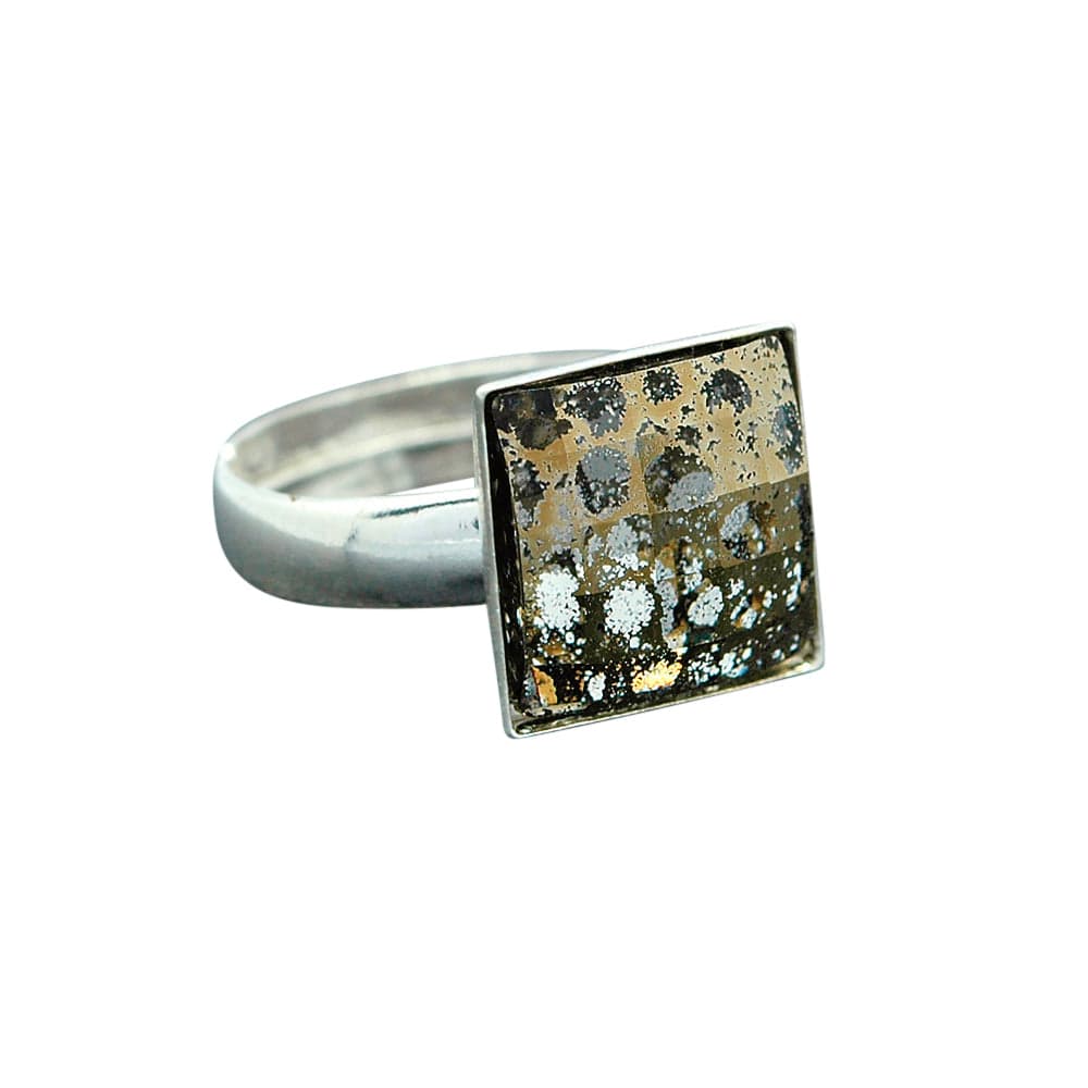 Sterling Silver adjustable ring with square Gold Patina crystal in a chessboard-cut bezel setting