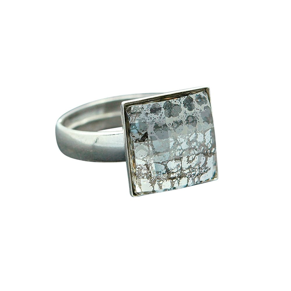 Sterling Silver adjustable ring with square Patina crystal in a chessboard-cut bezel setting