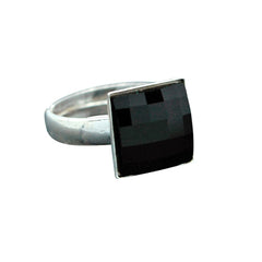 Sterling Silver adjustable ring with square Jet black crystal in a chessboard-cut bezel setting