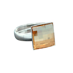 Sterling Silver adjustable ring with square Golden Shadow crystal in a chessboard-cut bezel setting