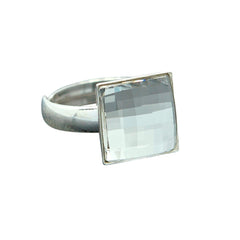 Sterling Silver adjustable ring with square chessboard crystal in a polished bezel setting