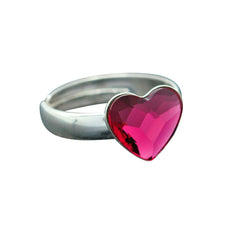 Sterling Silver adjustable heart ring with vibrant fuchsia pink crystal in a polished heart-shaped setting