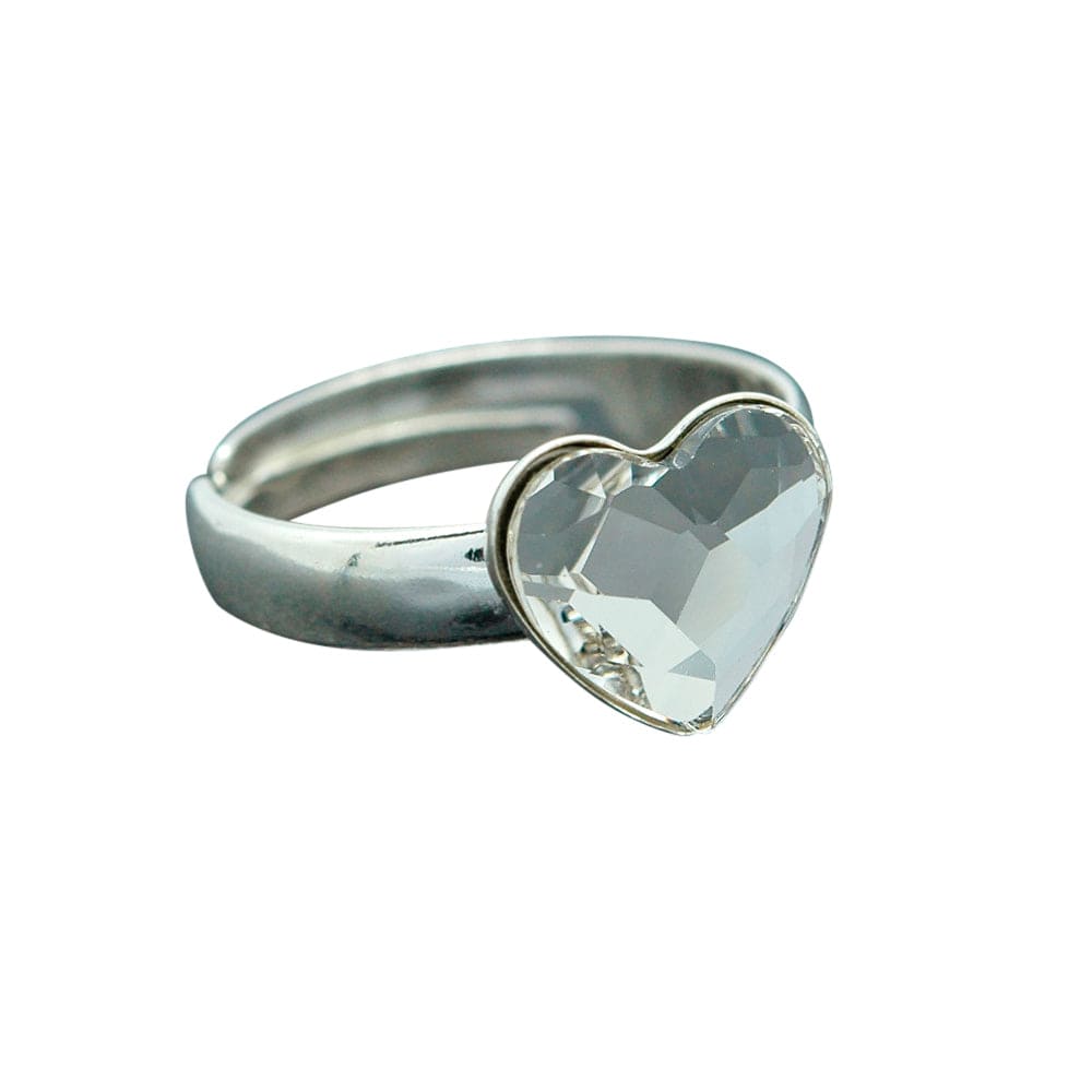 Sterling Silver adjustable heart ring with a clear faceted crystal in a polished heart-shaped setting