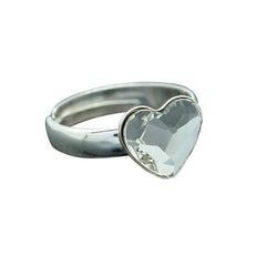 Sterling Silver adjustable heart ring with a clear faceted crystal in a polished heart-shaped setting