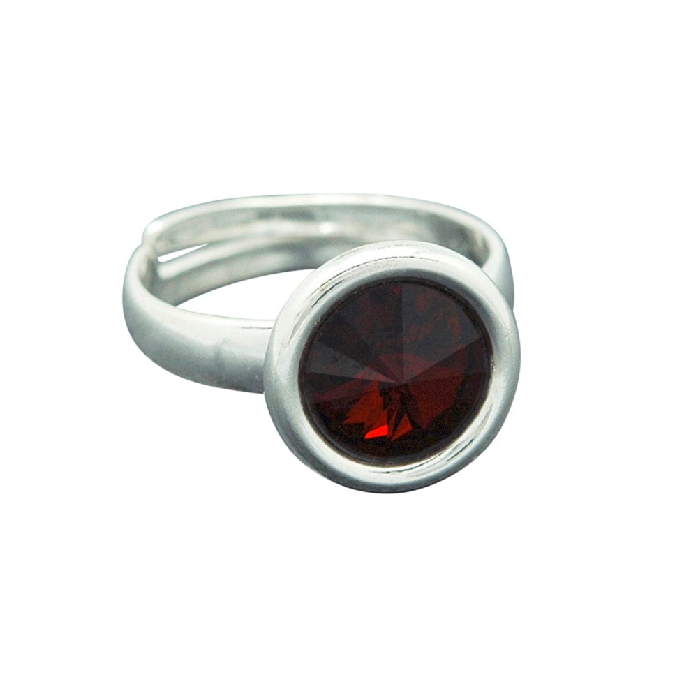 Sterling Silver adjustable ring with a round Siam red crystal in a polished bezel setting