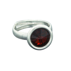 Sterling Silver adjustable ring with a round Siam red crystal in a polished bezel setting