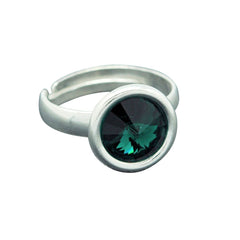 Sterling Silver adjustable ring with a round emerald green crystal in a polished bezel setting