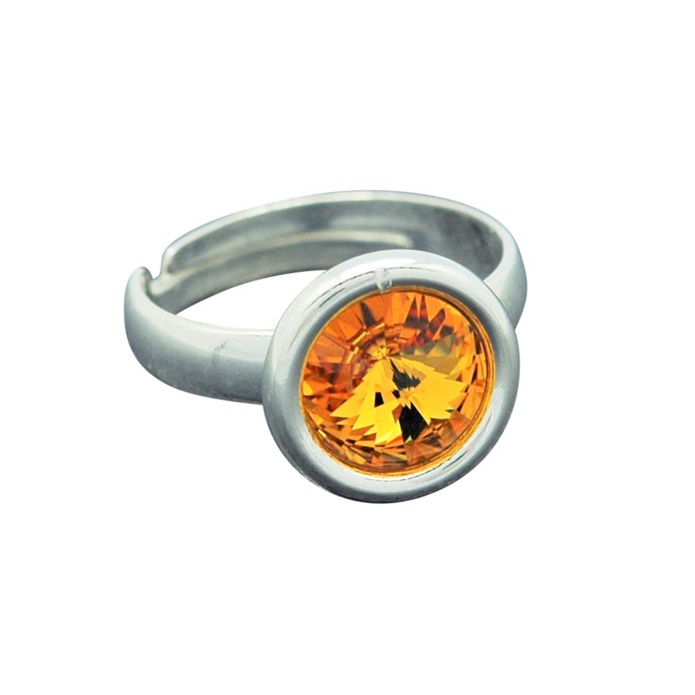 Sterling Silver adjustable ring with a round sunflower yellow crystal in a polished bezel setting