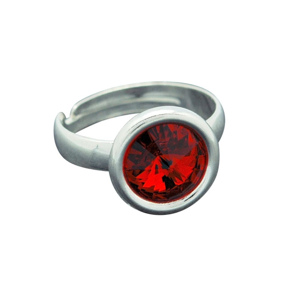 Sterling Silver adjustable ring with a round Light Siam crystal in a polished bezel setting