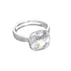 Sterling Silver adjustable ring featuring a clear cushion-cut crystal in a polished bezel setting