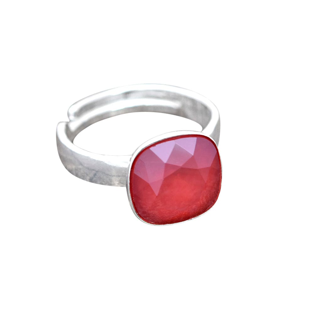 Sterling Silver adjustable ring featuring a royal red cushion-cut crystal in a polished bezel setting