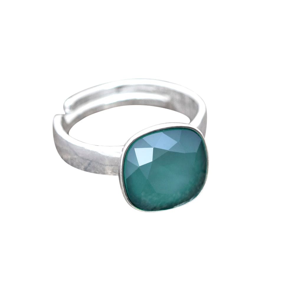 Sterling Silver adjustable ring featuring a royal green cushion-cut crystal in a polished bezel setting