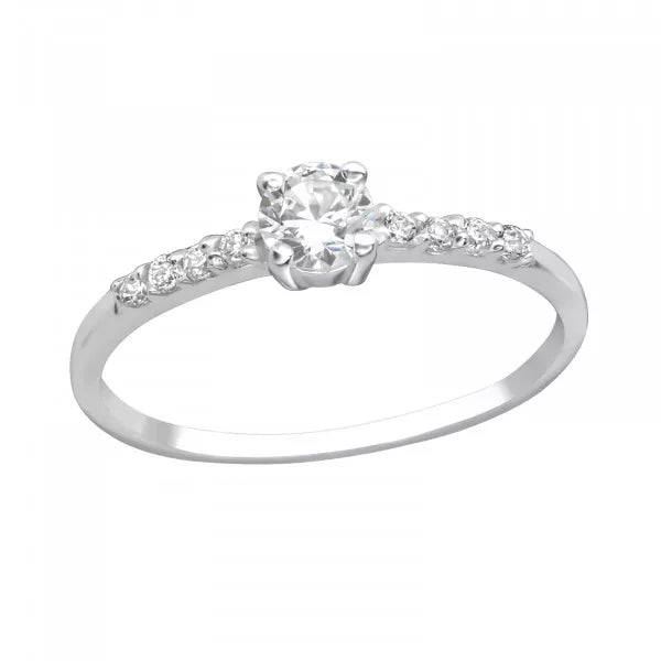 Affordable 925 sterling silver engagement ring with a 4 mm round cubic zirconia centre, stone-set band and US sizes 5–9, available in Australia.