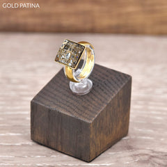 24K Gold Plated Sterling Silver Chessboard Patina Ring