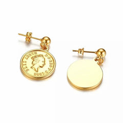 Stainless Steel Gold Coin Queen Earrings