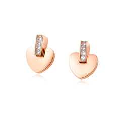 Stainless Steel Rose Gold Cubic Zirconia Heart Stud Earrings