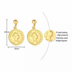 Stainless Steel Gold Coin Queen Earrings