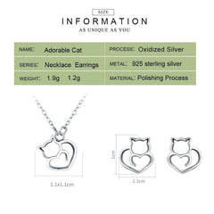 Silver Cat Pendant Necklace Jewellery Set