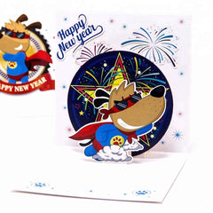 Super Dog Happy New Year 3D Pop Up Greeting Card