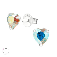 Sterling Silver Aquamarine Swarovski Heart Stud Earrings