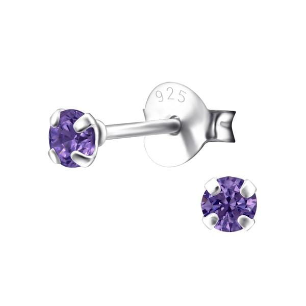 3mm Silver Birthstone Ear Studs Amethyst
