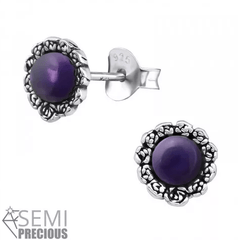Silver Flower Earrings with Geniune Amethyst Stone