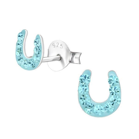 Sterling Silver Aqua Horseshoe Ear Studs