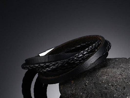 Stainless Steel Black Leather Bracelet