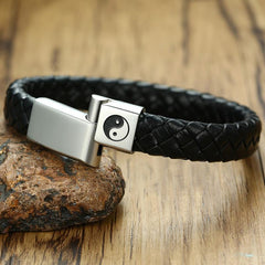 Mens Black Leather Bracelets with Steel Clasp