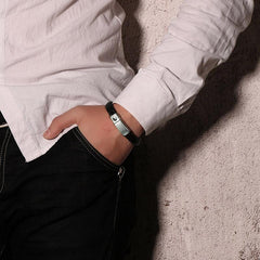 Mens Black Leather Bracelets with Steel Clasp