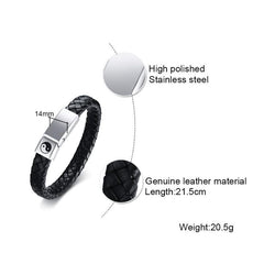 Mens Black Leather Bracelets with Steel Clasp