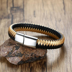 Stainless Steel Gold Adjustable Male Leather Bracelet