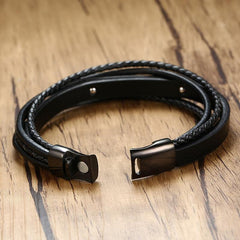 Stainless Steel Black Leather ID Bracelet