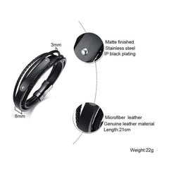 Stainless Steel Black Leather ID Bracelet