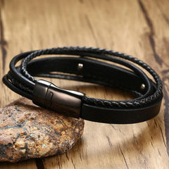 Stainless Steel Black Leather ID Bracelet