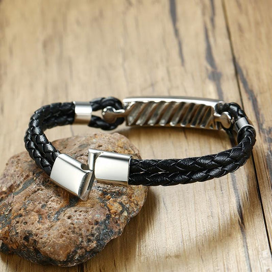 Stainless Steel Men's Leather ID Bracelet