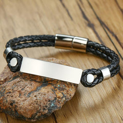 Stainless Steel Men's Leather ID Bracelet