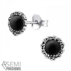 Silver Flower Earrings with Geniune Onyx Black Stone