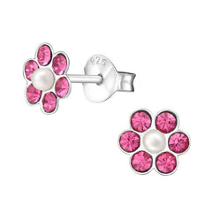 Kids 925 sterling silver flower stud earrings with six pink crystals and a white pearl centre on each earring, measuring 6 mm and gift boxed in Australia.
