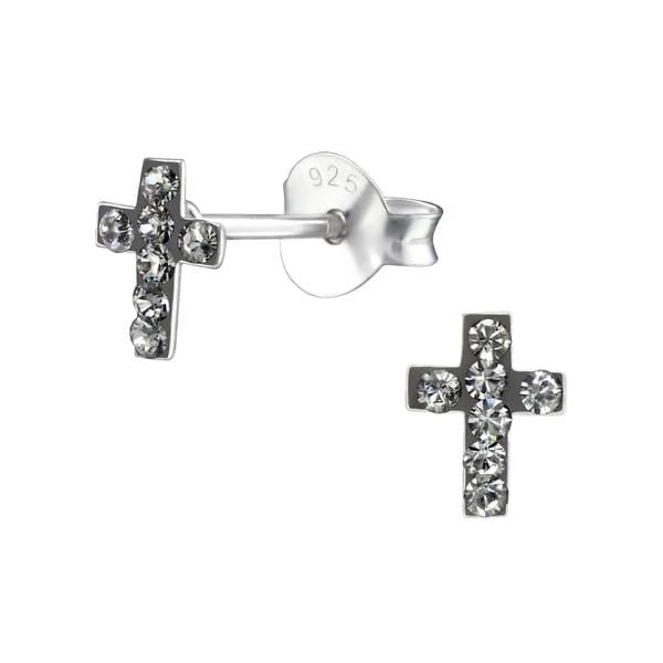 Kid's Silver Cross Ear Studs Swarovski Crystal Black Diamond