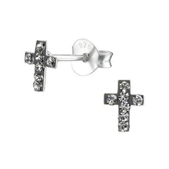 Kid's Silver Cross Ear Studs Swarovski Crystal Black Diamond
