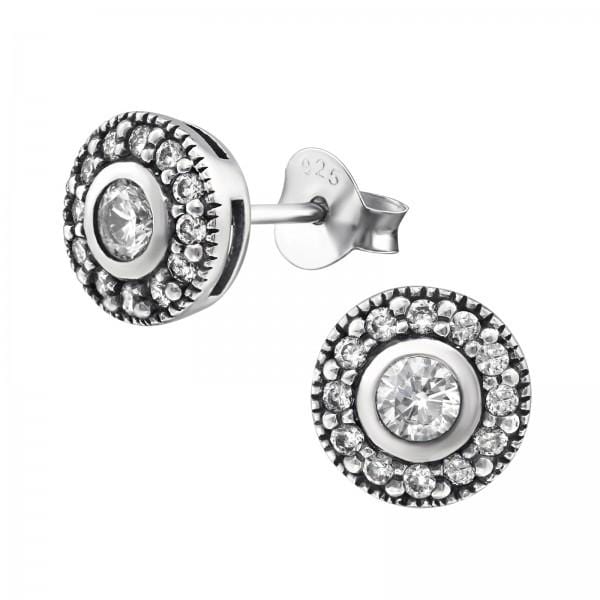 Silver CZ Round Stud Earrings