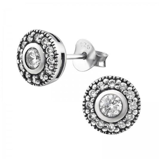 Silver CZ Round Stud Earrings