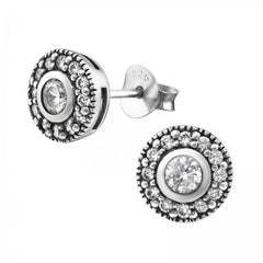 Silver CZ Round Stud Earrings