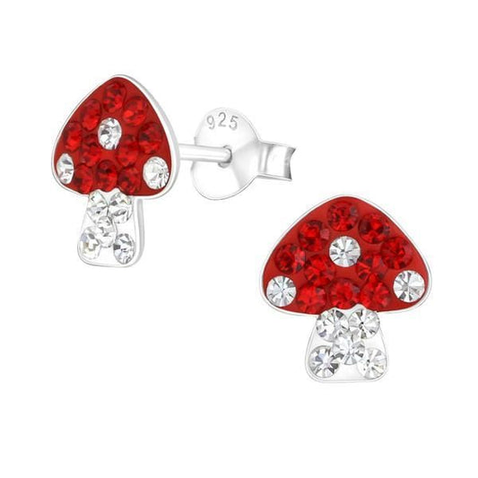 Kids 925 sterling silver mushroom stud earrings with red and clear crystal detailing, butterfly backs and a 9 x 10 mm design, available in Australia.