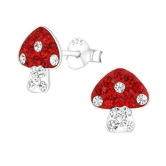 Kids 925 sterling silver mushroom stud earrings with red and clear crystal detailing, butterfly backs and a 9 x 10 mm design, available in Australia.