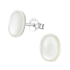 Silver Oval White Stud Earrings