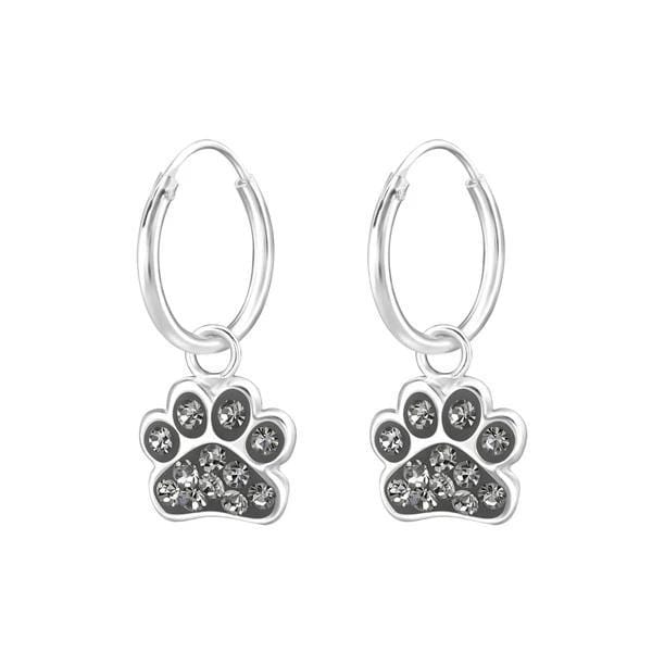 Silver Kids Black Diamond Paw hoop Earring with Swarovski Crystal